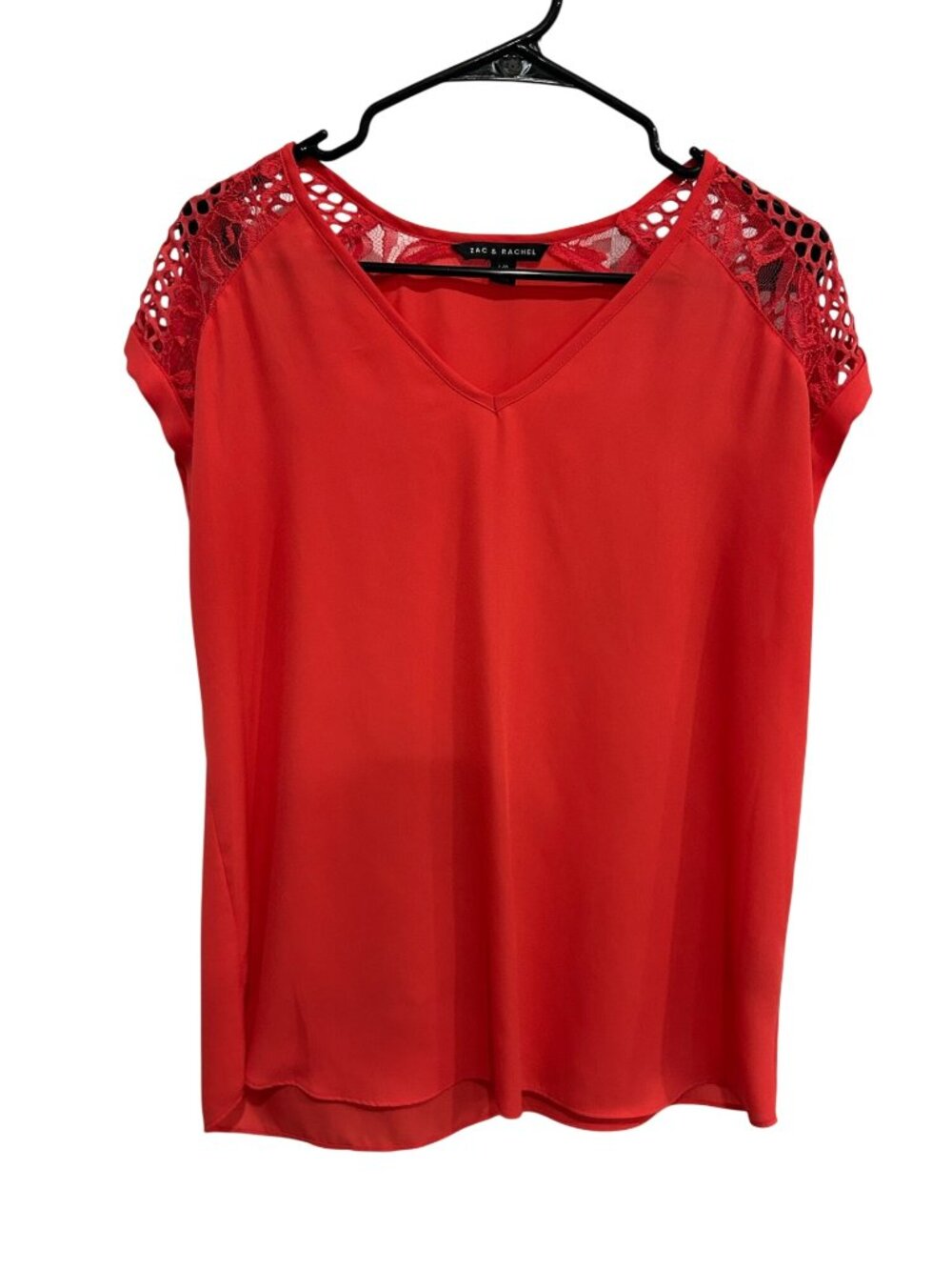 Zac & Rachel Red Polyester Blend Lace Shoulder V-Neck Blouse SZ Large Preppy Chi